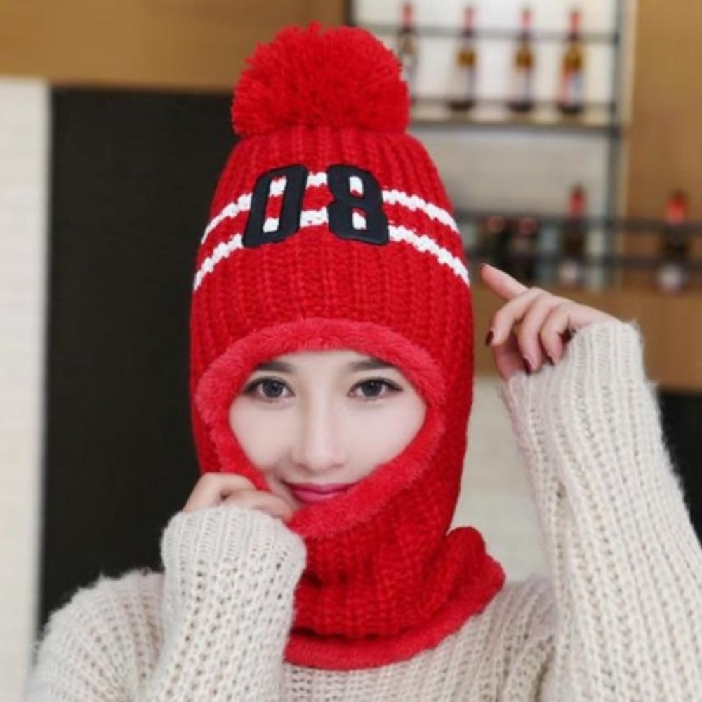 Fleece Lined Red Balaclava Knit Ski Mask Beanie - Picture 4 of 8